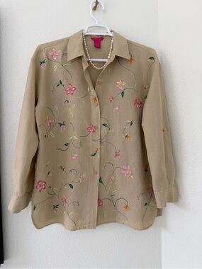 Sunny Leigh 100% Linen Embroidered Floral Shirt XL